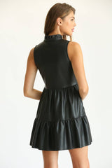 FAUX LEATHER SLEEVELESS RUFFLE DRESS