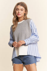 Multi Pattern Color Block Long Sleeve Top  S-L / 1X-3X: Blue Combo / L