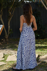 Floral Print Square Neck Smocking Detail Maxi Dress