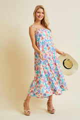 MULTI-COLORED TROPICAL MIDI DRESS WITH SMOCKED NECK