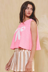 'BOW' Graphic Cropped Terry Tank Top: Neon pink