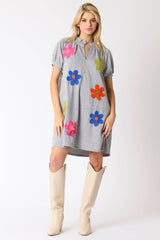 Flower Trim Detail Half Zip Puff Sleeve Dress