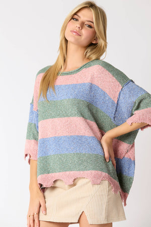 Multi Color Stripe Short Sleeve Sweater