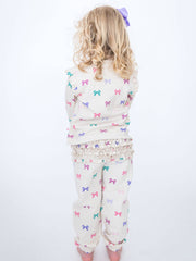 Toddler Girls Heather Oatmeal Ribbons Flutter Sweatshirt Jogger Set with Signature Rear Ruffles