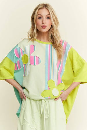 Striped Flower Patched Washed Casual top with matching pant