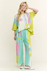 Striped Flower Patched Washed Casual top with matching pant
