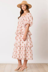 Bow & Rose Printed Puff Sleeve Tiered Midi Dress