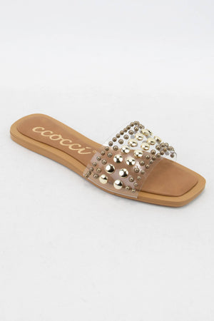 CHRISSY ROUND STUD EMBELLISHED SQUARE TOE SLIP ON SANDAL