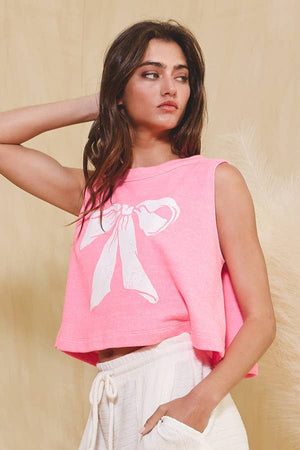 'BOW' Graphic Cropped Terry Tank Top: Neon pink