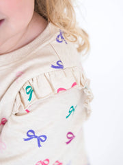 Toddler Girls Heather Oatmeal Ribbons Flutter Sweatshirt Jogger Set with Signature Rear Ruffles