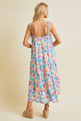 MULTI-COLORED TROPICAL MIDI DRESS WITH SMOCKED NECK