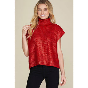 METALLIC FOIL SWEATER TOP: RED