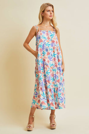 MULTI-COLORED TROPICAL MIDI DRESS WITH SMOCKED NECK