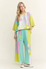 Striped Flower Patched Washed Casual top with matching pant