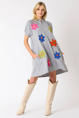 Flower Trim Detail Half Zip Puff Sleeve Dress