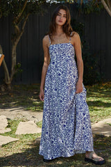 Floral Print Square Neck Smocking Detail Maxi Dress