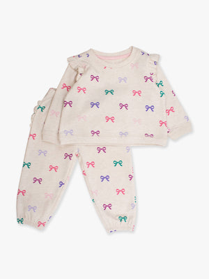 Toddler Girls Heather Oatmeal Ribbons Flutter Sweatshirt Jogger Set with Signature Rear Ruffles