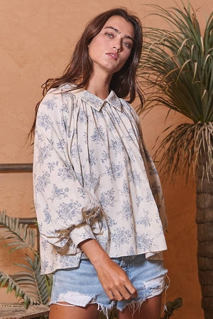 Puff Sleeve Pleated Floral Blouse Top