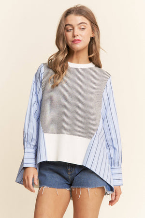 Multi Pattern Color Block Long Sleeve Top  S-L / 1X-3X: Blue Combo / L