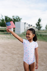 Zoey Swim in Patriotic Flags | UPF 50 One Piece Swimwear