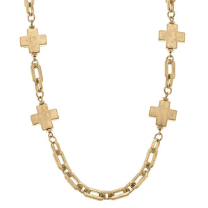 Edith Square Cross Station Necklace in Worn Gold