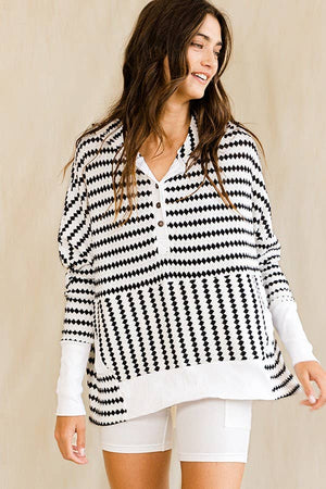 Oversize Stripe Button Up Hoodie Top
