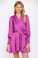 SATIN TIE WAIST WRAP DRESS