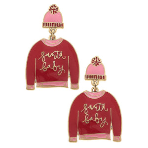 Santa Baby Sweater Enamel Earrings in Red & Pink