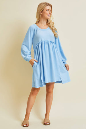 FLOWY FLARE BABYDOLL DRESS WITH POCKETS: SKY