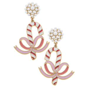 Candy Cane & Bow Enamel Earrings in Pink/Red/White