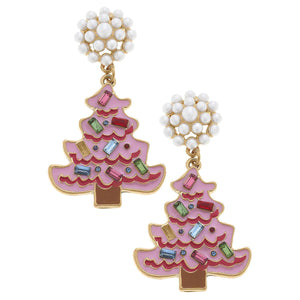 Rhinestone Christmas Tree Enamel Earrings in Pink