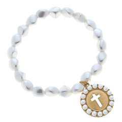 Elizabeth Pearl Coin Cross Stretch Bracelet in Ivory