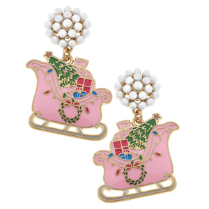 Christmas Sleigh Enamel Earrings in Pink & Green