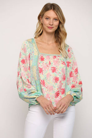 LACE INSERT MIXED PRINT SQUARE NECK TOP
