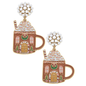 Gingerbread House Mug Enamel Earrings in Brown & Pink