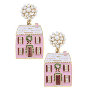 Christmas House Enamel Earrings in Pink