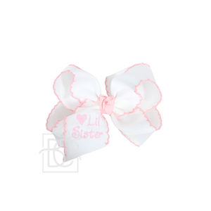 Embroidered Lil Sister Crochet Edge Bow: White w/ Pink Crochet Edge