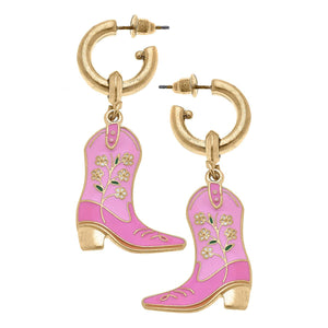 Floral Cowgirl Boots Enamel Drop Hoop Earrings in Pink