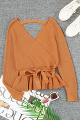Brown Rib Knit Belted Peplum Sweater