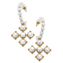 Sarah Pearl Cross Beaded Drop Hoop Earrings in Ivory