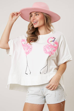 Sequin Flamingo Embroidery Tee