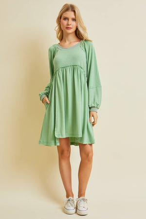 FLOWY FLARE BABYDOLL DRESS WITH POCKETS: APPLE GREEN