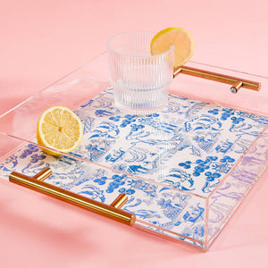Chinoiserie Print Acrylic Tray With Gold Handles