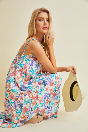 MULTI-COLORED TROPICAL MIDI DRESS WITH SMOCKED NECK