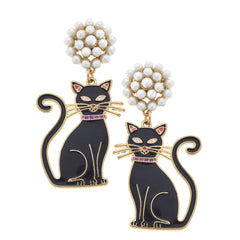 Halloween Enamel Black Cat Earrings in Black