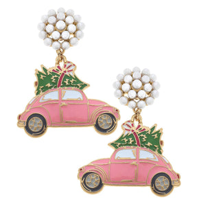 Volkswagen with Christmas Tree Enamel Earrings in Pink & Gre